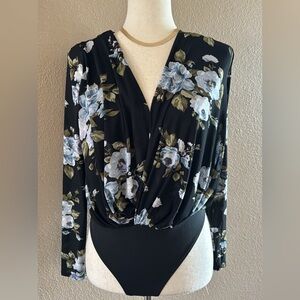 Floral print long sleeve surplice front bodysuit